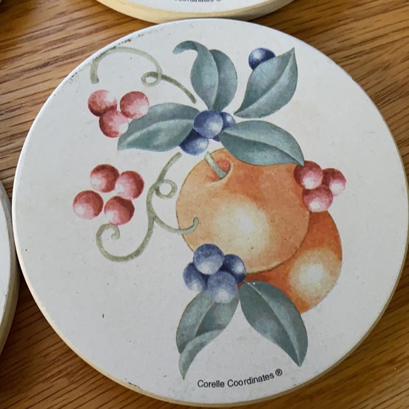 Corelle (Abundance) coasters in wood holder w/Gemco matching glass sugar bowl - Picture 8 of 16